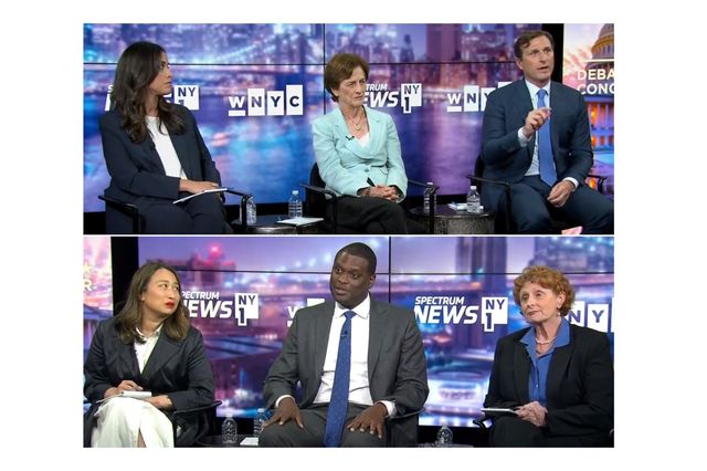Clockwise: ex-prosecutor Daniel Goldman, Brooklyn Assemblymember Jo Anne Simon,  Rep. Mondaire Jones, Manhattan Yuh-Line Niou, City Councilmember Carlina Rivera and former Rep. Elizabeth Holtzman take part in the first televised debate for the 10th congressional district seat.